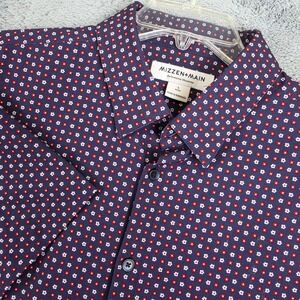 Mizzen Main Floral Shirt Mens L Navy Short Sleeve Trim Fit Performance Stretch